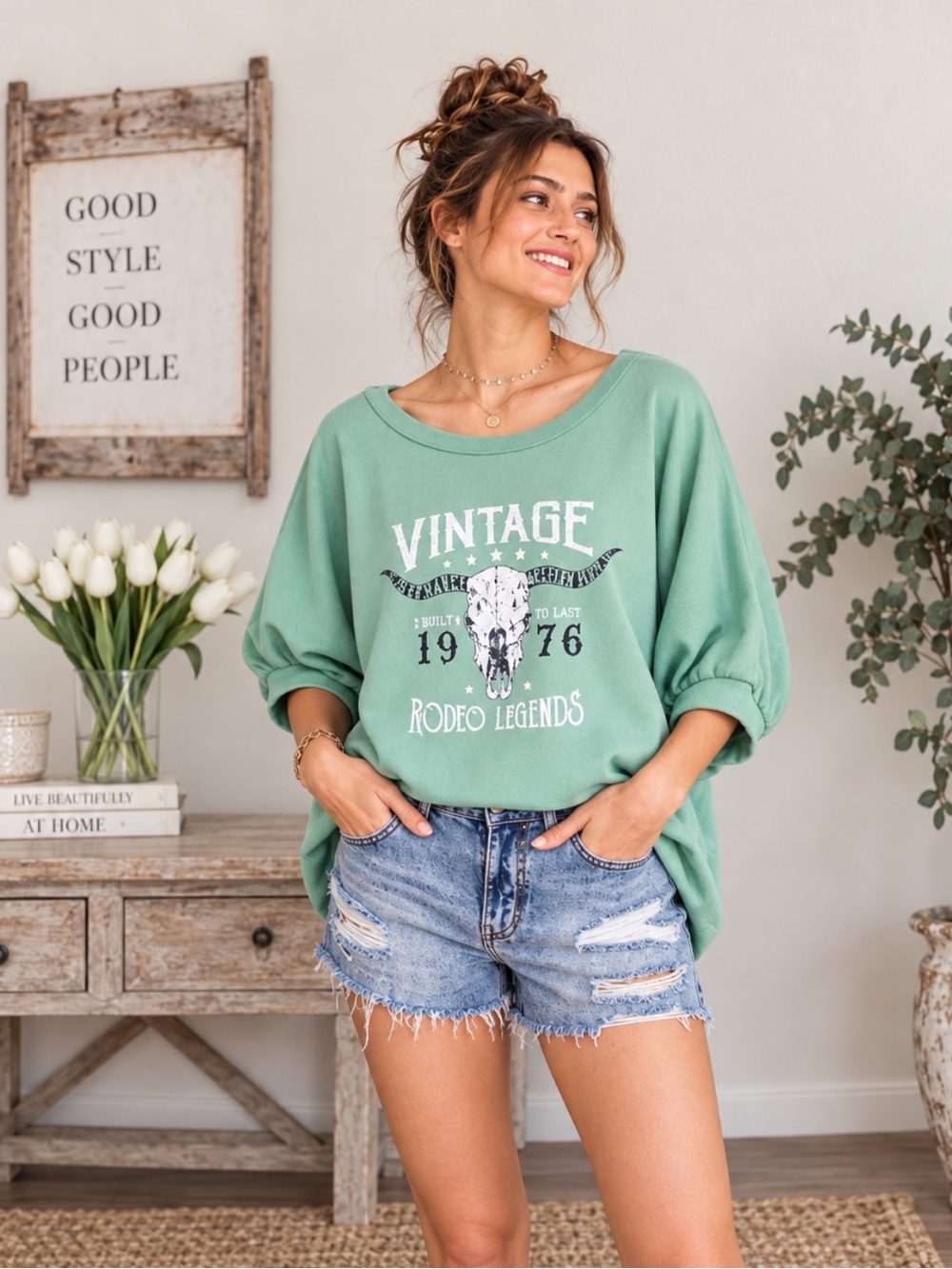 NWT Ces Femme Sage Vintage Rodeo Bull Skull Oversized Sweatshirt